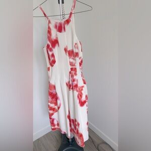 White Pink Floral Boat Neck Sleeveless Fit Flare A-line Midi Dress with pockets